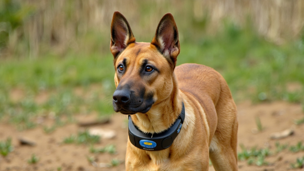 Close-up of a confident Belgian Malinois wearing a sleek modern GPS training collar outdoors in soft natural light.