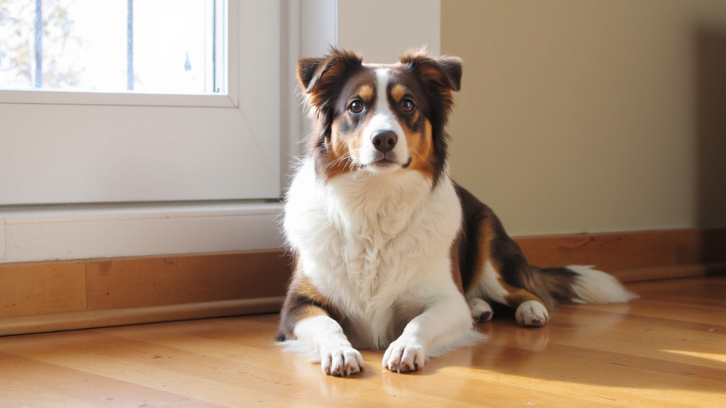 Female Border Collie by Window Female Border Collie sitting quietly by a window with soft light, calm attentive expression, indoor home setting.