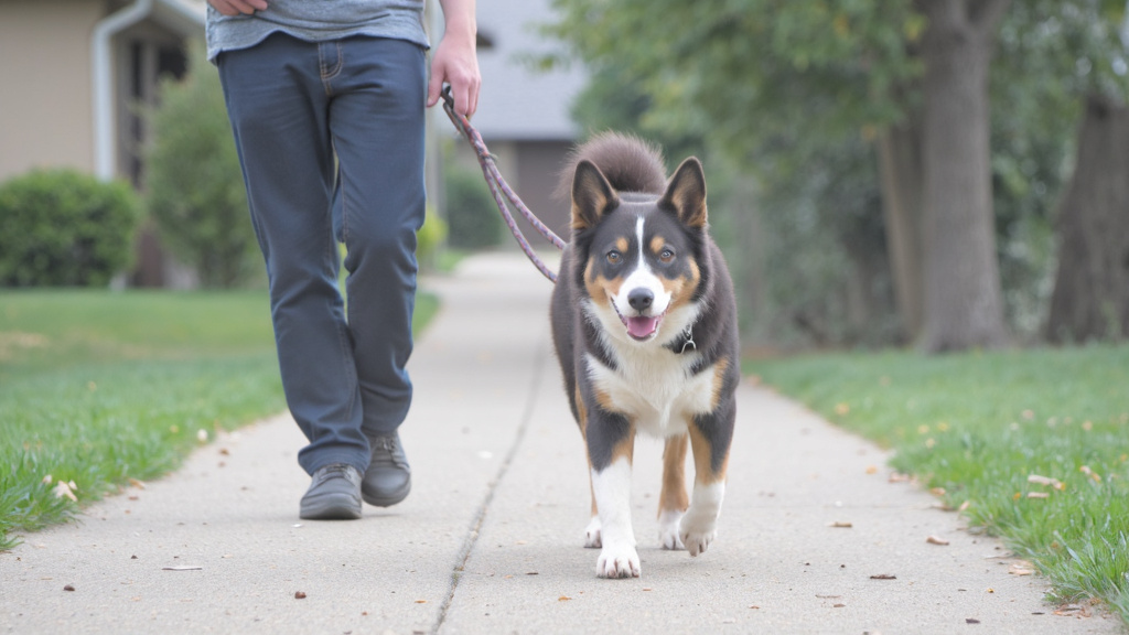 Border Collie walking calmly at heel beside its owner on a neighborhood sidewalk with a slack leash, demonstrating proper walking position.