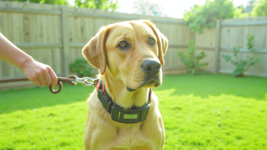 Close-up of a calm adult dog wearing a modern slim training collar in a sunlit backyard, owner’s hand gently holding the leash; warm, attentive scene with soft cinematic daylight.