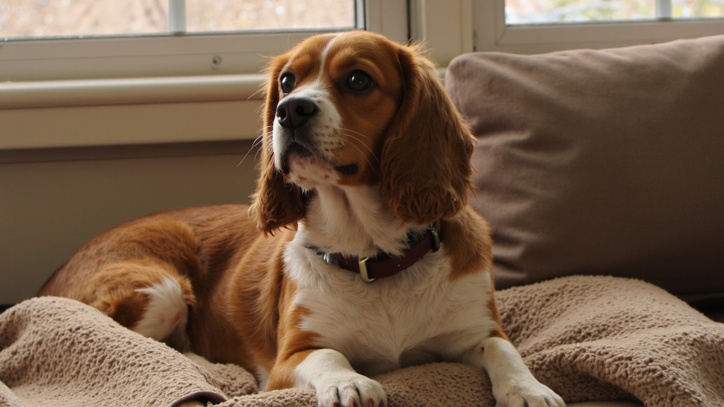 Cavalier King Charles Spaniel on Cozy Blanket Adorable Cavalier King Charles Spaniel wearing a properly fitted collar, sitting on a cozy blanket under gentle indoor lighting that highlights its small stature and delicate features.