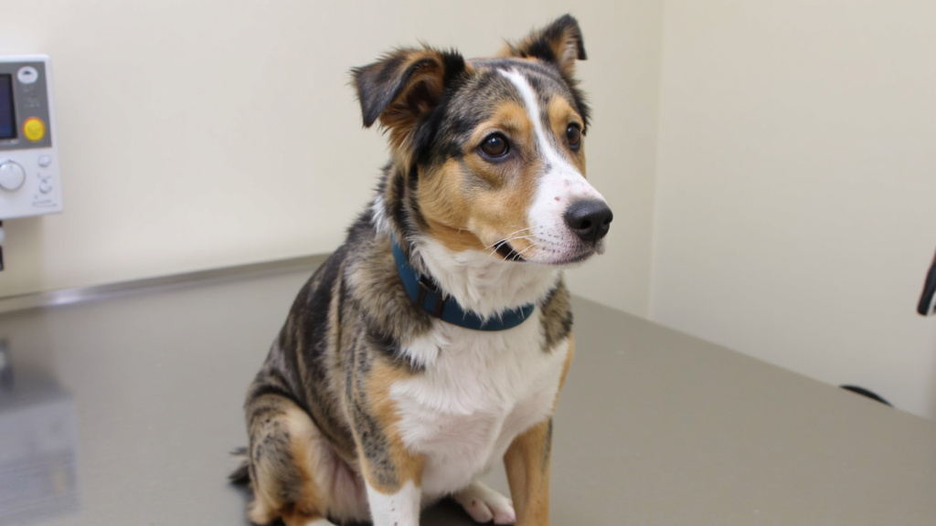 Concerned Australian Shepherd wearing a traditional shock collar, sitting in a veterinary examination room with soft clinical lighting and a worried expression.
