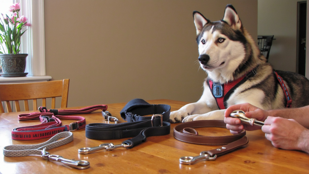 Close-up of hands holding different dog leashes and harnesses laid out on a wooden table, with a husky sitting patiently nearby in soft natural window light — a product comparison setup.