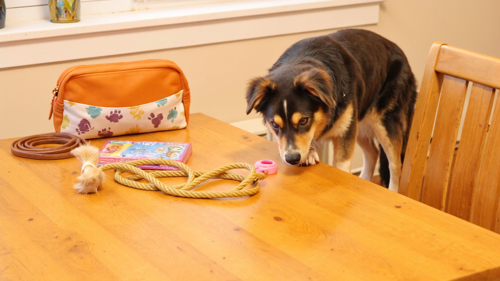 Organized collection of dog training supplies—treats, clicker, rope toys, and leash—arranged on a wooden table with a curious Australian Shepherd sniffing nearby under bright indoor lighting.