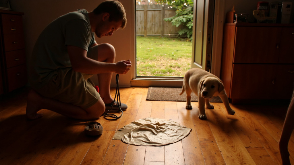 Young adult kneeling with a leash looking frustrated while a puppy sniffs a fresh pee spot on a hardwood floor near puppy pads and an open backyard door, warm natural light creating an empathetic atmosphere.