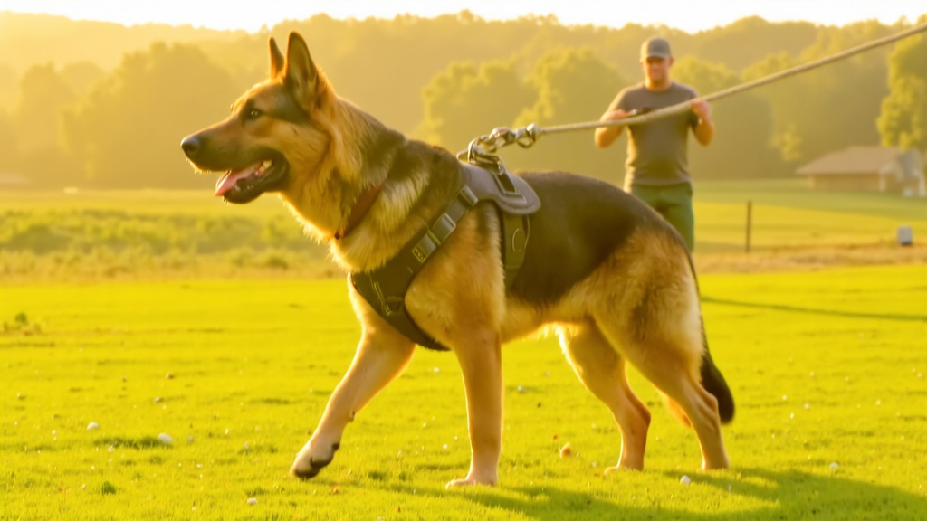 German Shepherd wearing a training harness attached to a long line in an open field with a trainer visible in the background in morning light, secure controlled environment.