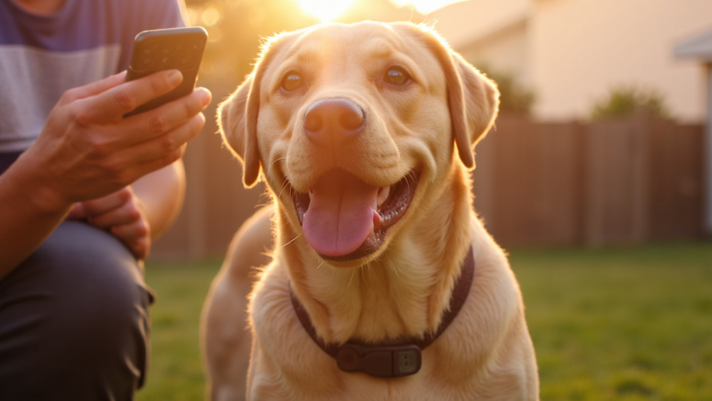 Close-up of a happy dog wearing a sleek GPS smart collar with its owner holding a smartphone blurred in the golden-hour backyard background, candid worry-to-relief moment.