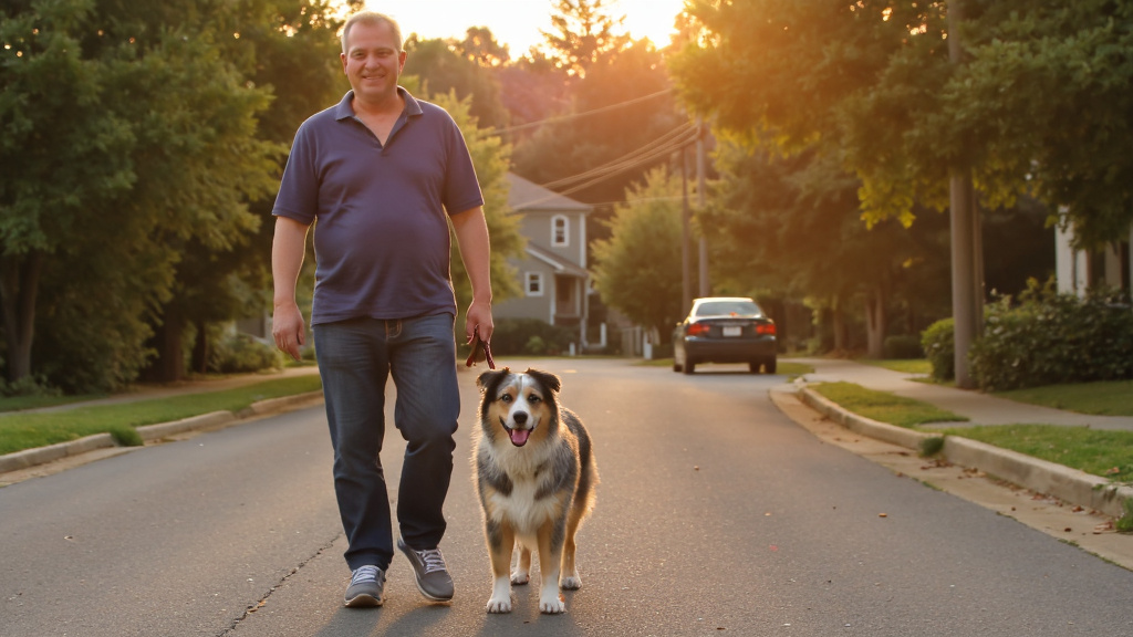 Happy dog owner walking confidently with a well-behaved Australian Shepherd on a suburban street at golden afternoon light — both looking content and in sync.
