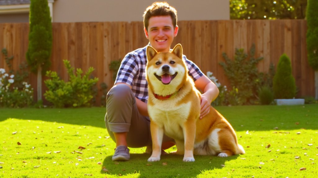 Happy Shiba Inu sitting proudly with its owner in a sunny backyard after a successful training session, both looking accomplished in golden afternoon light.