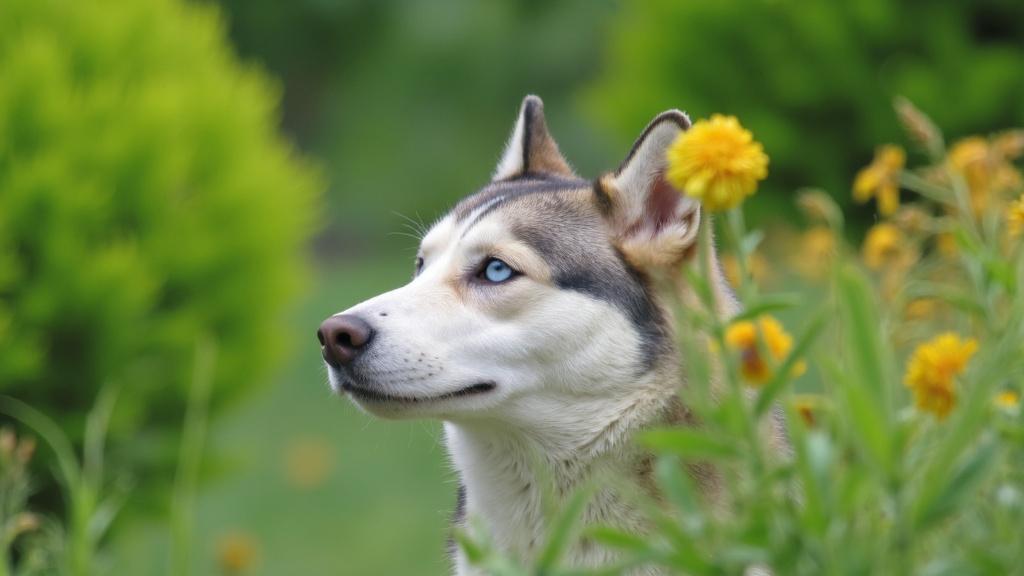 Female Husky Profile in Garden Close-up profile of a female husky dog in a peaceful garden, showing a healthy coat and alert expression in natural daylight.