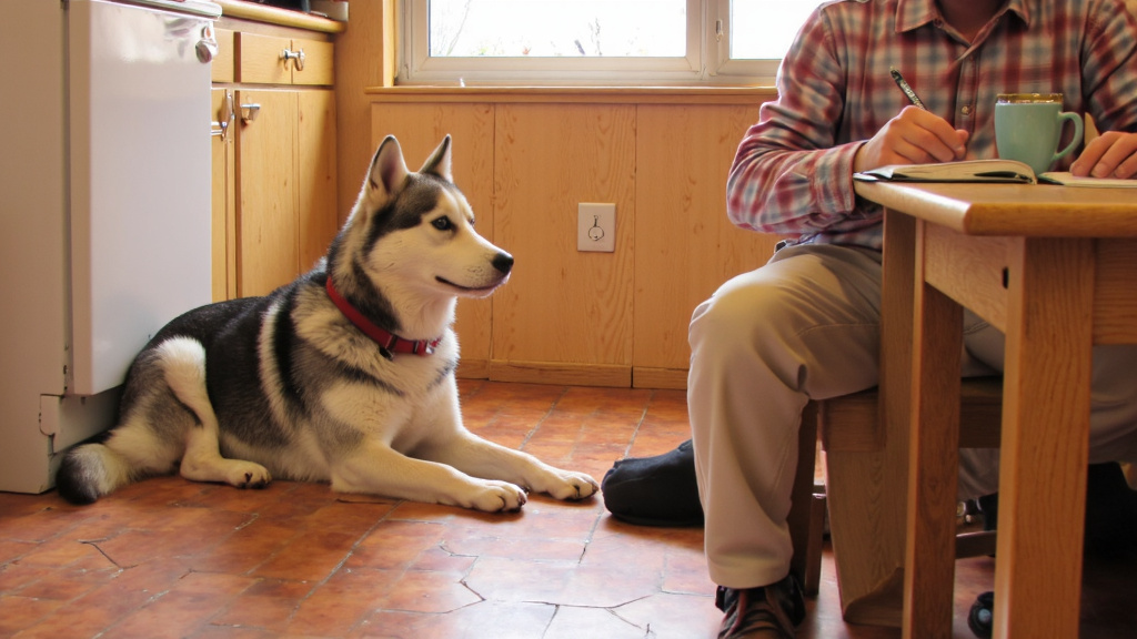 Husky sitting by a wall clock showing morning time while owner writes in a training journal at a kitchen table, warm domestic atmosphere.