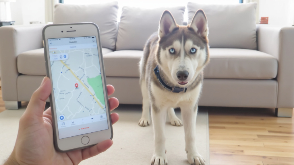 Close-up of a smartphone showing a dog-walking app with GPS tracking; a husky wearing a smart collar stands in the blurred background of a modern living room with soft natural light.