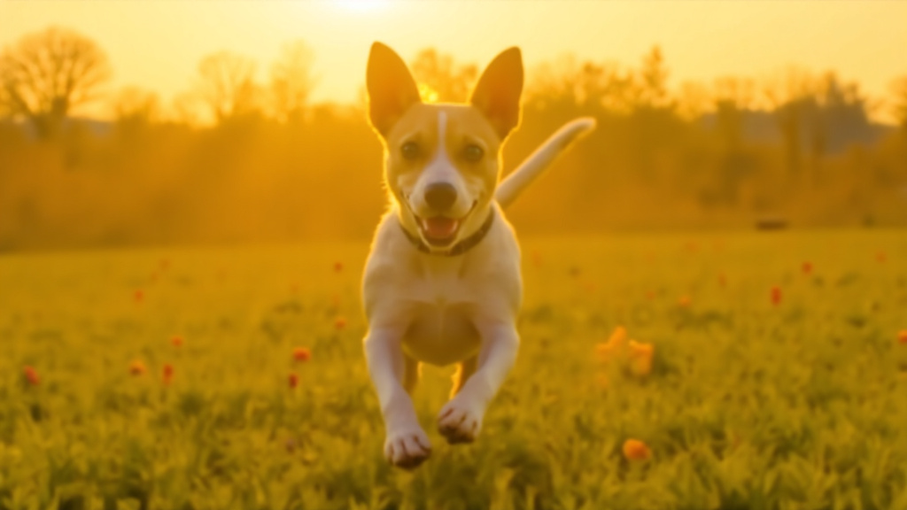 Jack Russell terrier running at full speed toward the camera across an open meadow at golden hour, ears back and a determined expression.