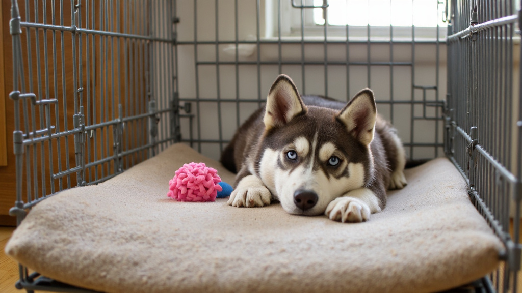 Siberian husky puppy lying comfortably inside an open wire crate on soft bedding with toys nearby in a peaceful home setting and gentle ambient lighting.