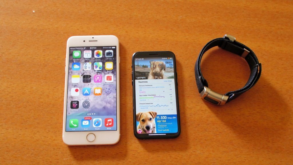 Overhead view of a smartphone home screen crowded with many dog-related app icons next to a sleek smart dog collar and a phone showing a single consolidated pet dashboard, lit by soft natural light.