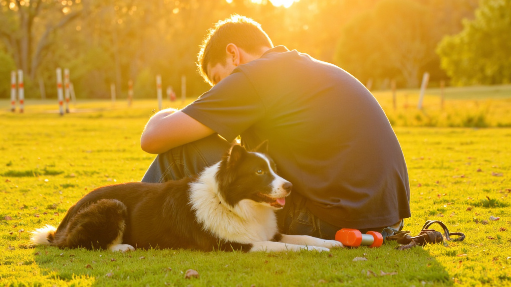 Owner and border collie sitting on grass after a training session at golden hour, both looking exhausted but content with training equipment scattered nearby.