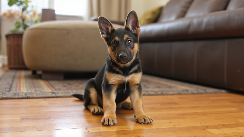 Young German Shepherd puppy sitting attentively indoors, soft natural light highlighting its alert eyes and upright posture.