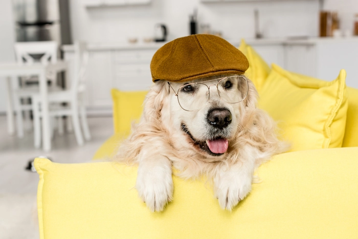 Cute golden retriever in cap and glasses lying